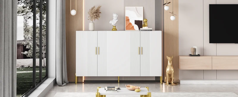 Buffet multifonctionnelle moderne blanc mat 4 portes poignées et pieds dorés 160*35*100 cm KIKS