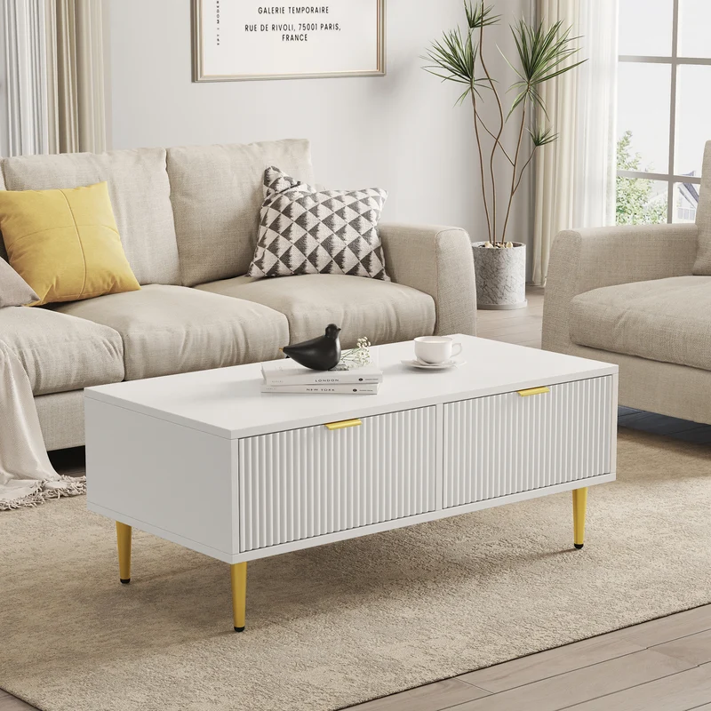Table basse blanche moderne avec poignées et pieds dorés 2 tiroirs design à rayures verticales STRUX WHITE