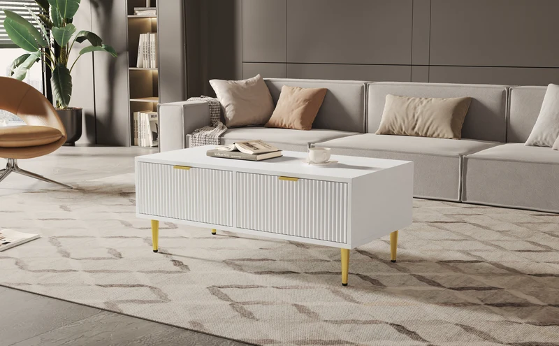 Table basse blanche moderne avec poignées et pieds dorés 2 tiroirs design à rayures verticales STRUX WHITE