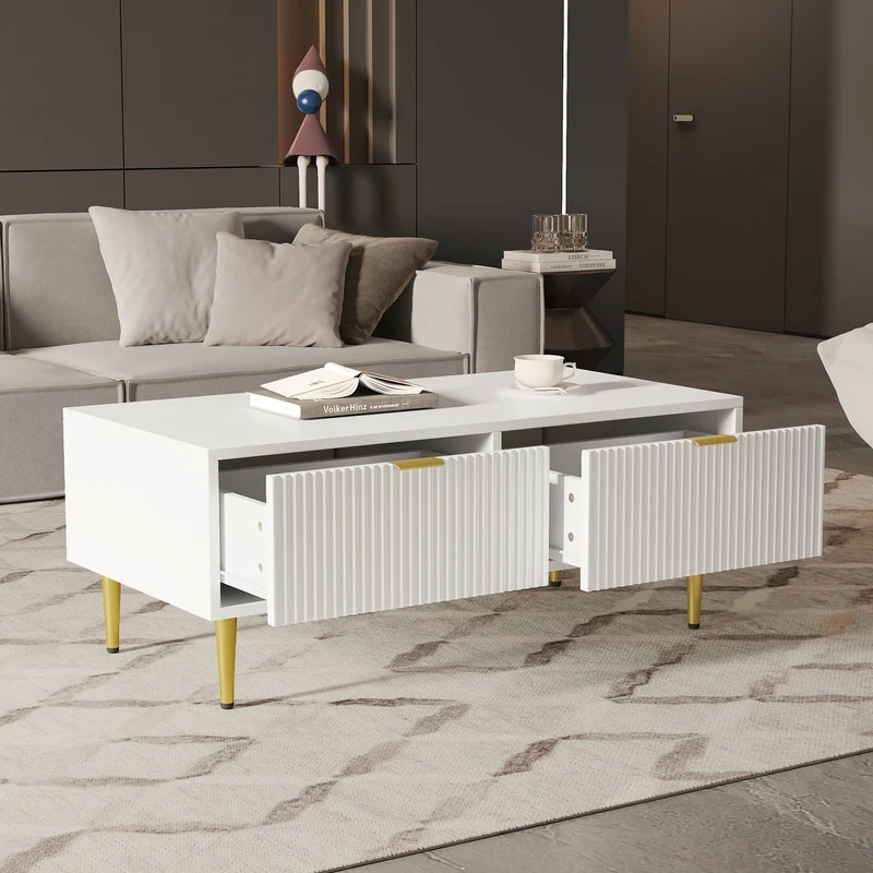 Table basse blanche moderne avec poignées et pieds dorés 2 tiroirs design à rayures verticales STRUX WHITE