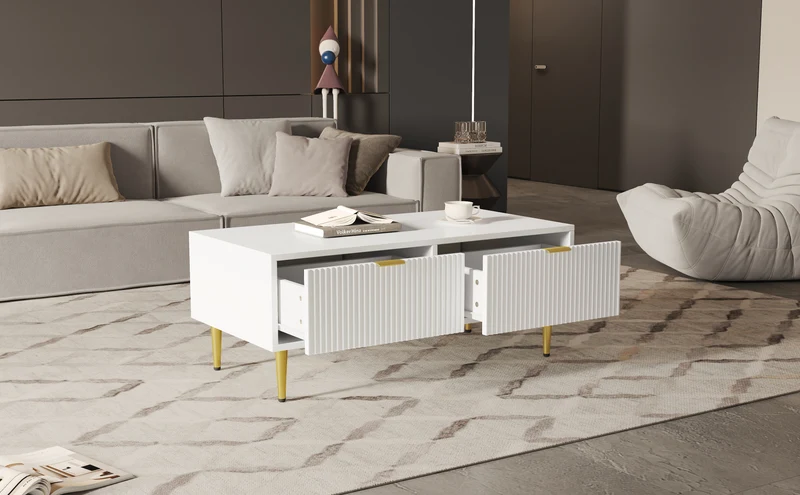 Table basse blanche moderne avec poignées et pieds dorés 2 tiroirs design à rayures verticales STRUX WHITE