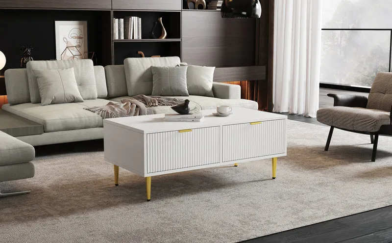 Table basse blanche moderne avec poignées et pieds dorés 2 tiroirs design à rayures verticales STRUX WHITE