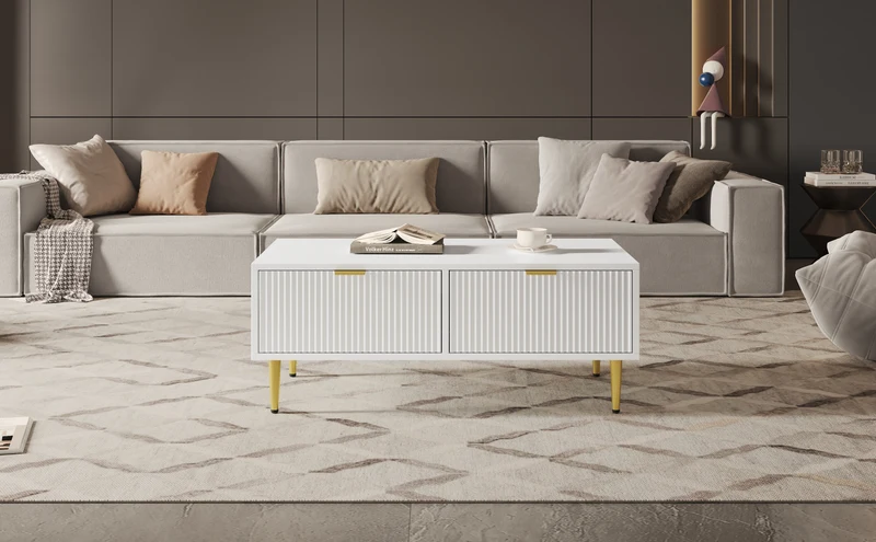 Table basse blanche moderne avec poignées et pieds dorés 2 tiroirs design à rayures verticales STRUX WHITE
