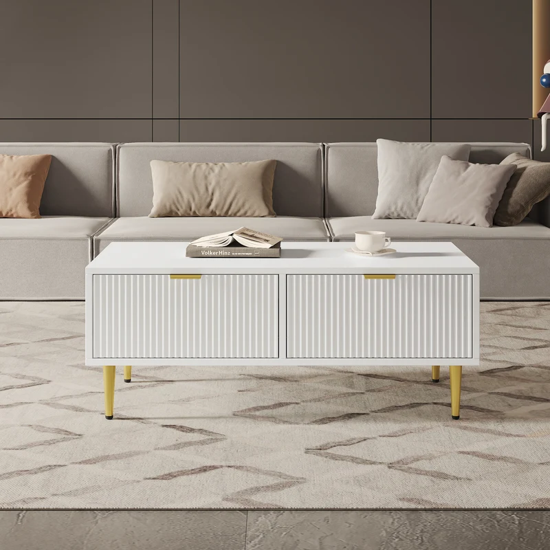 Table basse blanche moderne avec poignées et pieds dorés 2 tiroirs design à rayures verticales STRUX WHITE