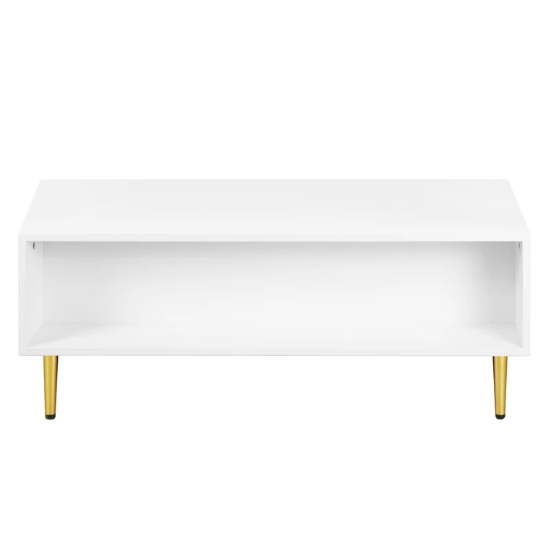 Table basse blanche moderne avec poignées et pieds dorés 2 tiroirs design à rayures verticales STRUX WHITE
