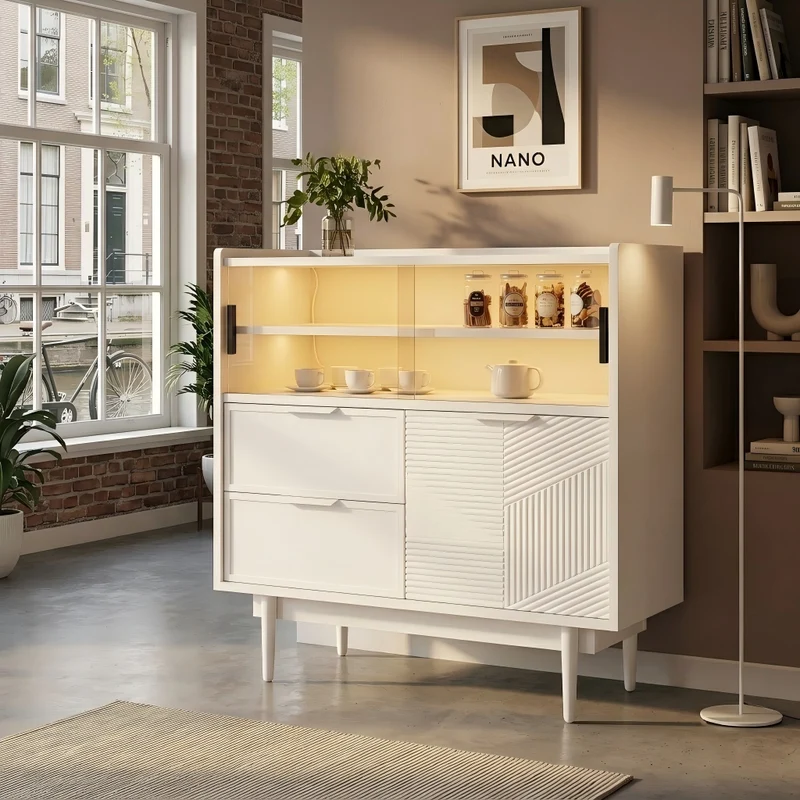 Buffet blanc avec porte en verre, éclairage LED RIFTMORKYNATHOR