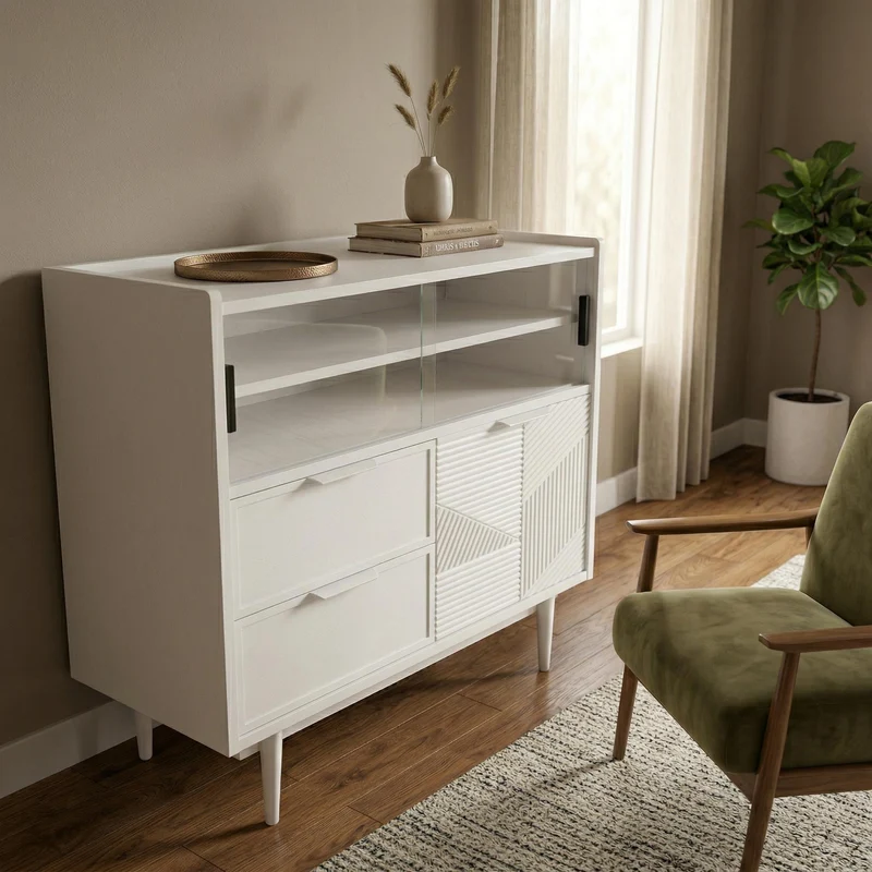Buffet blanc avec porte en verre, éclairage LED RIFTMORKYNATHOR