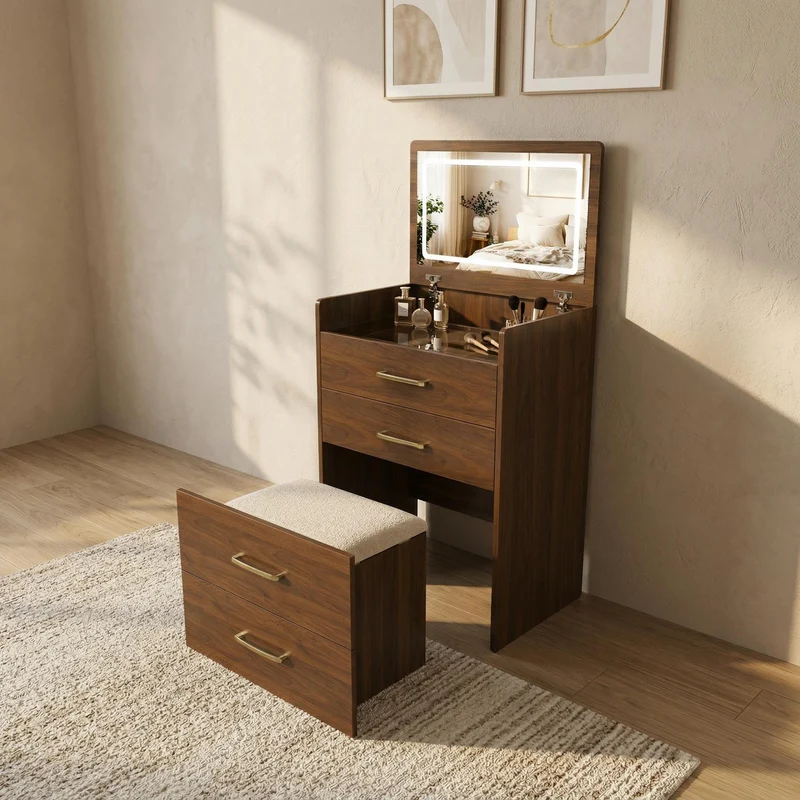 Coiffeuse compacte 3-en-1 effet noyer, miroir ouvert, 2 tiroirs tabouret 60x40x118cm VERTEXKAELISYN