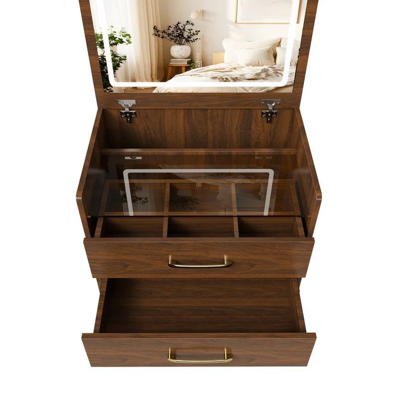 Coiffeuse compacte 3-en-1 effet noyer, miroir ouvert, 2 tiroirs tabouret 60x40x118cm VERTEXKAELISYN
