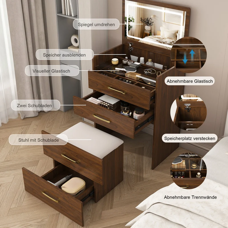 Coiffeuse compacte 3-en-1 effet noyer, miroir ouvert, 2 tiroirs tabouret 60x40x118cm VERTEXKAELISYN