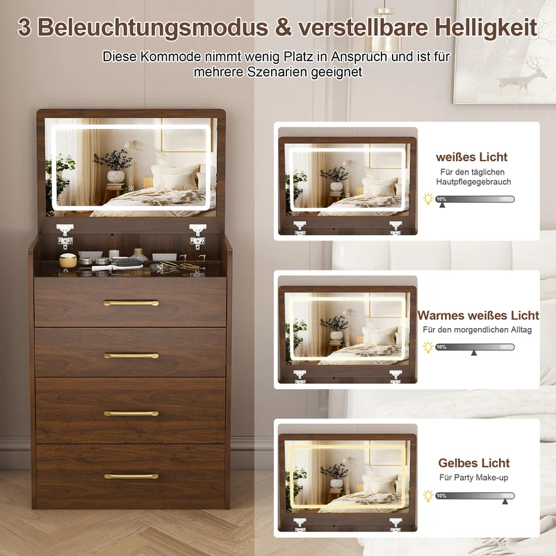Coiffeuse compacte 3-en-1 effet noyer, miroir ouvert, 2 tiroirs tabouret 60x40x118cm VERTEXKAELISYN