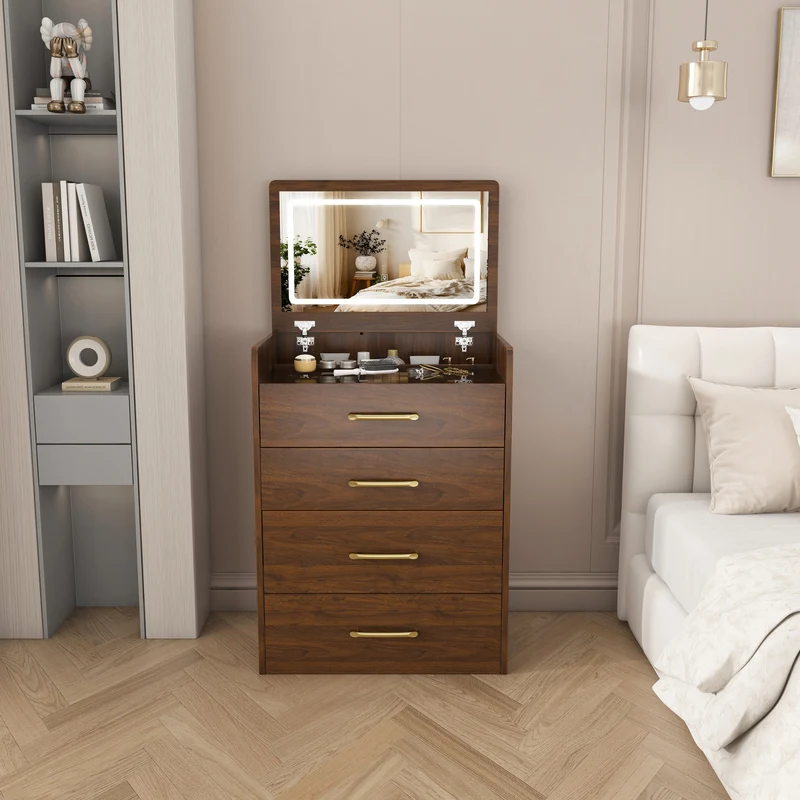 Coiffeuse compacte 3-en-1 effet noyer, miroir ouvert, 2 tiroirs tabouret 60x40x118cm VERTEXKAELISYN