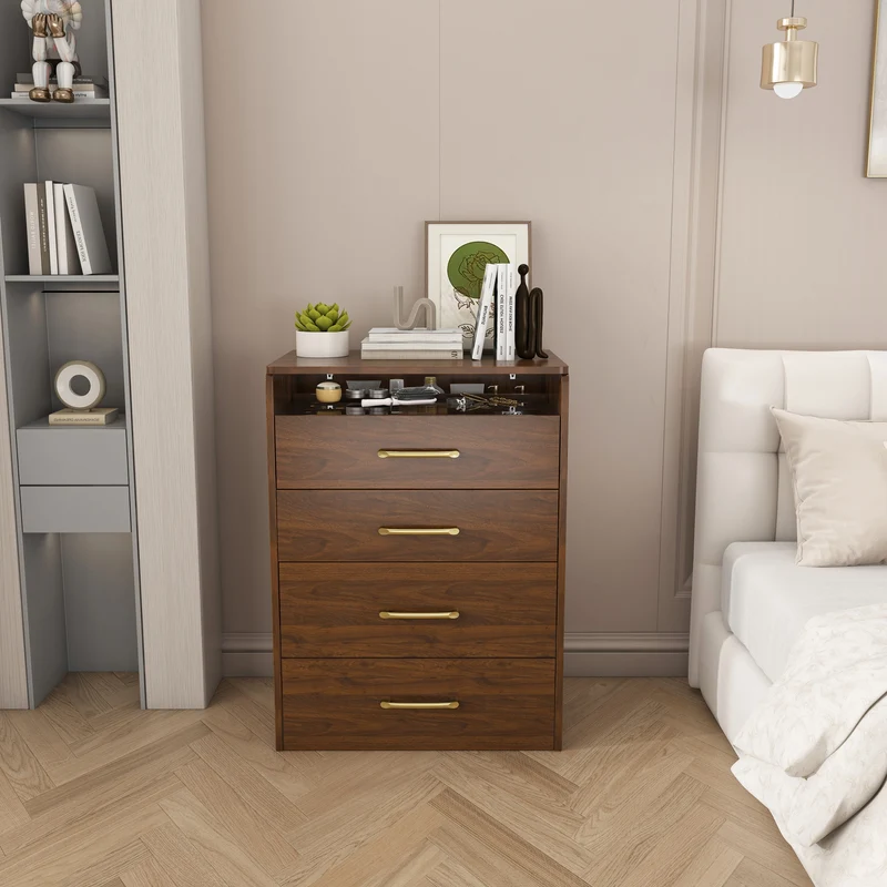 Coiffeuse compacte 3-en-1 effet noyer, miroir ouvert, 2 tiroirs tabouret 60x40x118cm VERTEXKAELISYN