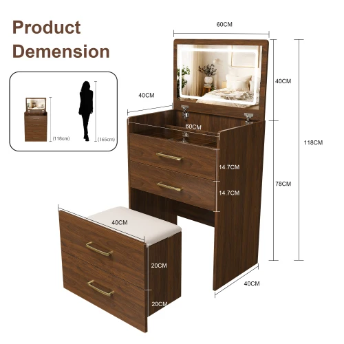 Coiffeuse compacte 3-en-1 effet noyer, miroir ouvert, 2 tiroirs tabouret 60x40x118cm VERTEXKAELISYN