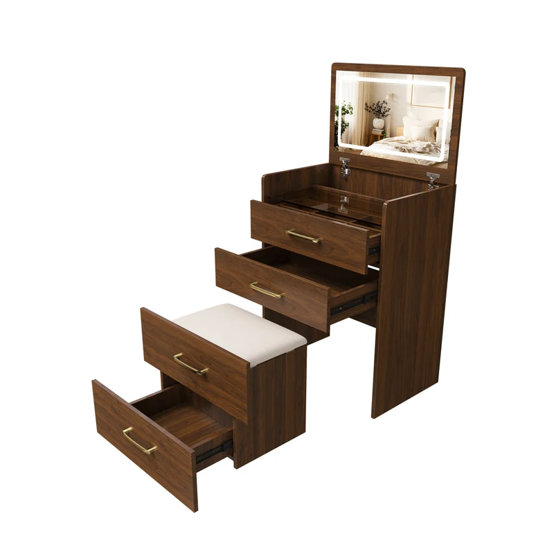 Coiffeuse compacte 3-en-1 effet noyer, miroir ouvert, 2 tiroirs tabouret 60x40x118cm VERTEXKAELISYN