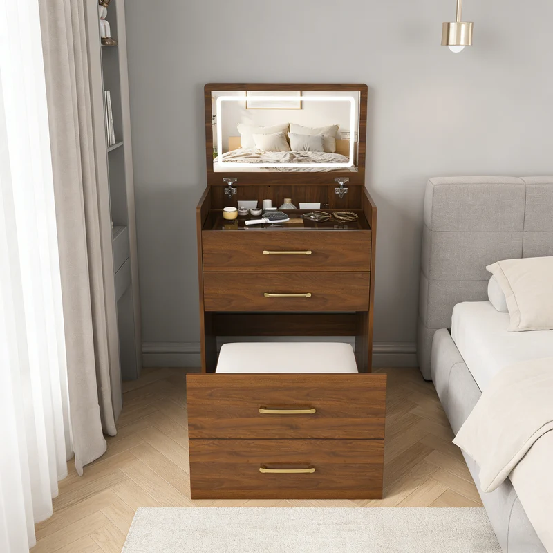 Coiffeuse compacte 3-en-1 effet noyer, miroir ouvert, 2 tiroirs tabouret 60x40x118cm VERTEXKAELISYN