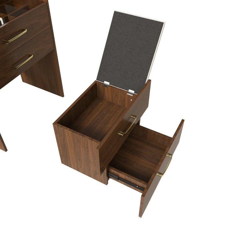 Coiffeuse compacte 3-en-1 effet noyer, miroir ouvert, 2 tiroirs tabouret 60x40x118cm VERTEXKAELISYN