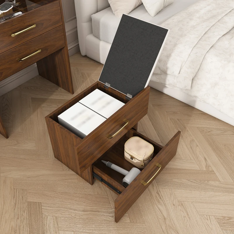 Coiffeuse compacte 3-en-1 effet noyer, miroir ouvert, 2 tiroirs tabouret 60x40x118cm VERTEXKAELISYN