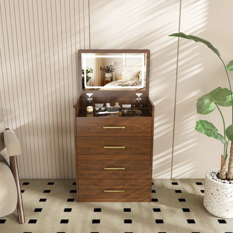 Coiffeuse compacte 3-en-1 effet noyer, miroir ouvert, 2 tiroirs tabouret 60x40x118cm VERTEXKAELISYN
