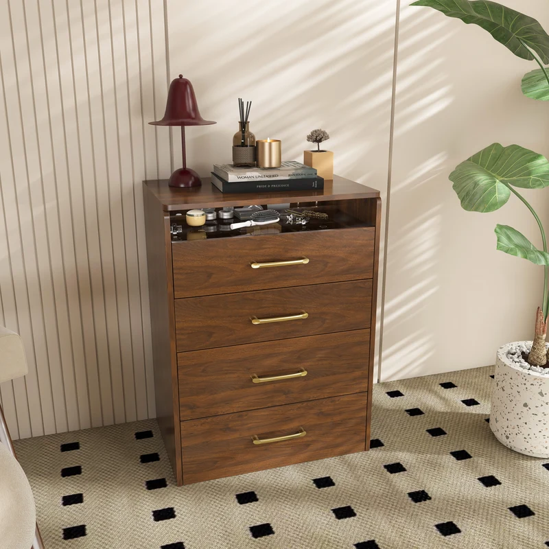 Coiffeuse compacte 3-en-1 effet noyer, miroir ouvert, 2 tiroirs tabouret 60x40x118cm VERTEXKAELISYN
