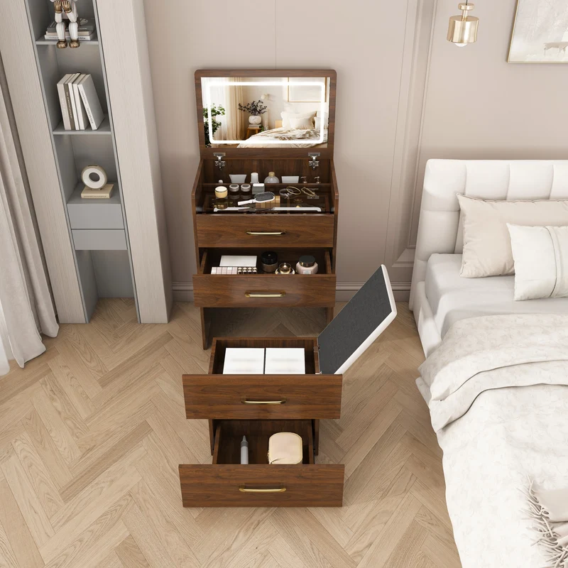 Coiffeuse compacte 3-en-1 effet noyer, miroir ouvert, 2 tiroirs tabouret 60x40x118cm VERTEXKAELISYN