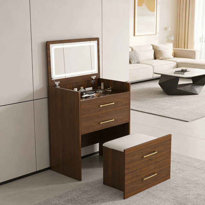 Coiffeuse compacte 3-en-1 effet noyer, miroir ouvert, 2 tiroirs tabouret 60x40x118cm VERTEXKAELISYN