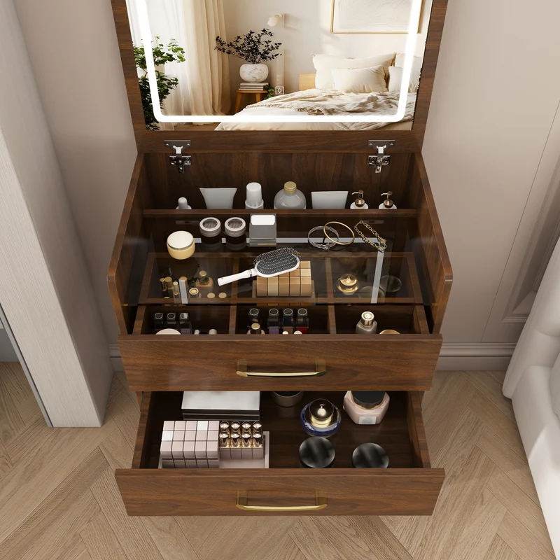 Coiffeuse compacte 3-en-1 effet noyer, miroir ouvert, 2 tiroirs tabouret 60x40x118cm VERTEXKAELISYN