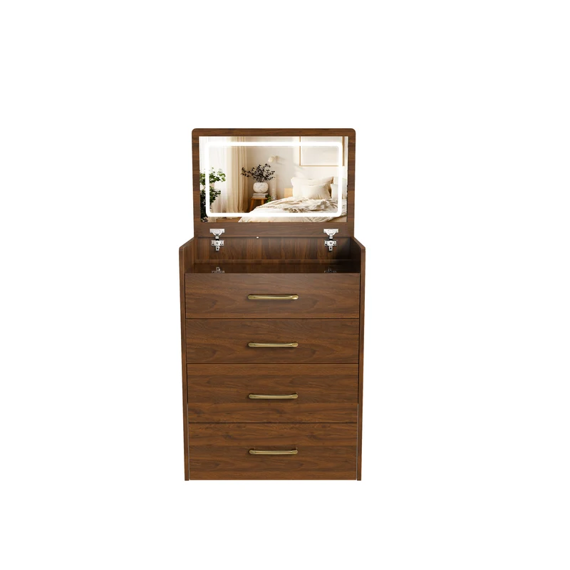 Coiffeuse compacte 3-en-1 effet noyer, miroir ouvert, 2 tiroirs tabouret 60x40x118cm VERTEXKAELISYN
