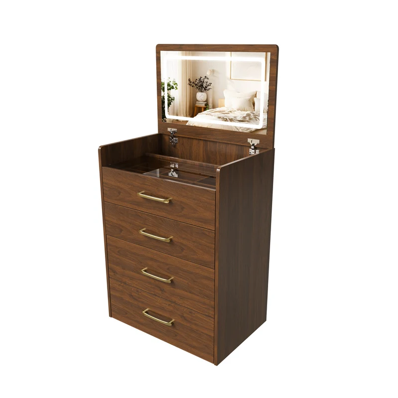 Coiffeuse compacte 3-en-1 effet noyer, miroir ouvert, 2 tiroirs tabouret 60x40x118cm VERTEXKAELISYN