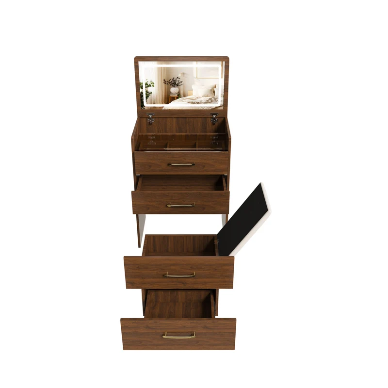 Coiffeuse compacte 3-en-1 effet noyer, miroir ouvert, 2 tiroirs tabouret 60x40x118cm VERTEXKAELISYN