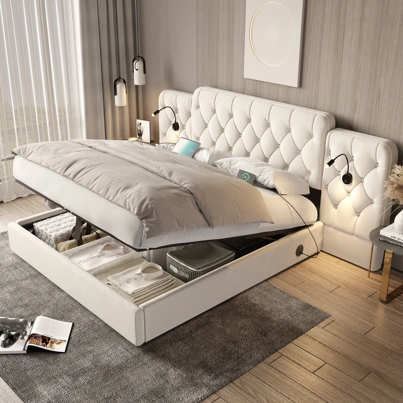 Lit coffre queen en velours beige grand tête de lit, porte USB et 2 lampes 160x200 cm VERTEXKRYNNATH