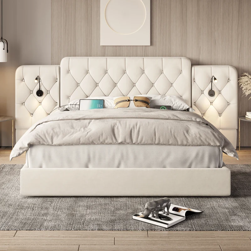 Lit coffre queen en velours beige grand tête de lit, porte USB et 2 lampes 160x200 cm VERTEXKRYNNATH
