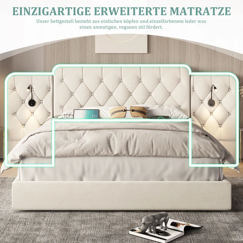 Lit coffre queen en velours beige grand tête de lit, porte USB et 2 lampes 160x200 cm VERTEXKRYNNATH