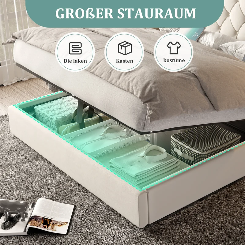 Lit coffre queen en velours beige grand tête de lit, porte USB et 2 lampes 160x200 cm VERTEXKRYNNATH
