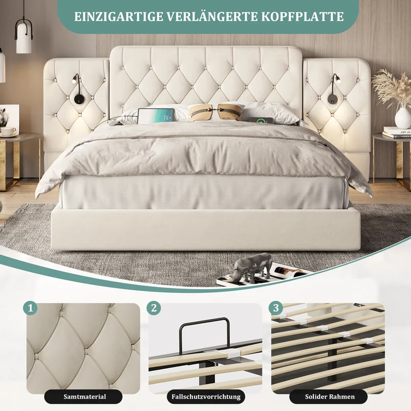 Lit coffre queen en velours beige grand tête de lit, porte USB et 2 lampes 160x200 cm VERTEXKRYNNATH