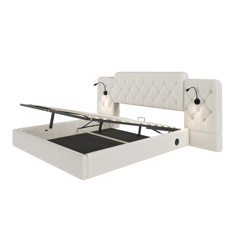 Lit coffre queen en velours beige grand tête de lit, porte USB et 2 lampes 160x200 cm VERTEXKRYNNATH