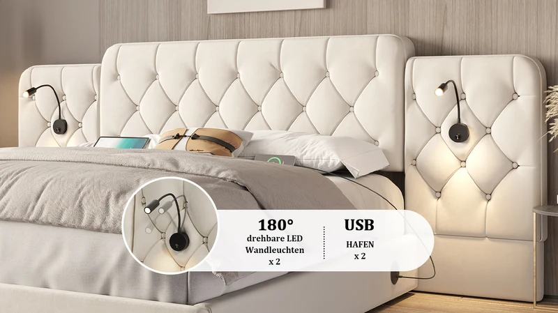 Lit coffre queen en velours beige grand tête de lit, porte USB et 2 lampes 160x200 cm VERTEXKRYNNATH