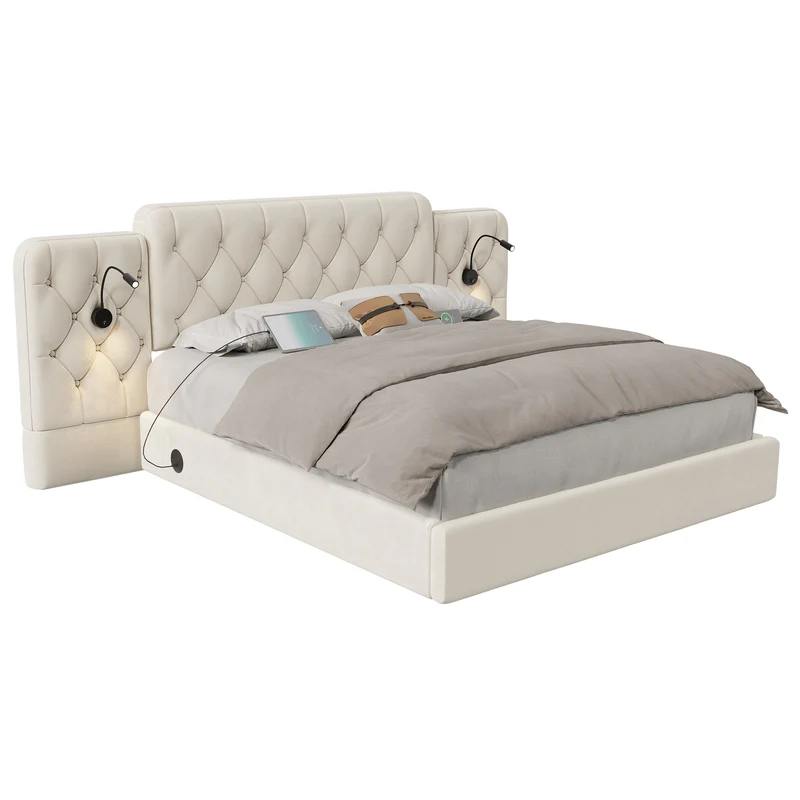 Lit coffre queen en velours beige grand tête de lit, porte USB et 2 lampes 160x200 cm VERTEXKRYNNATH