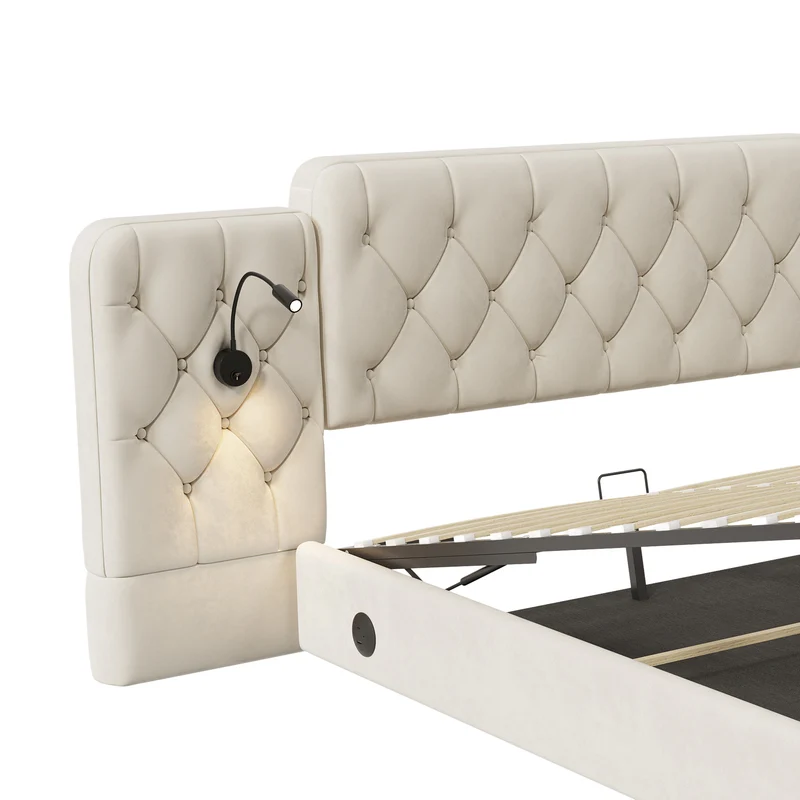 Lit coffre queen en velours beige grand tête de lit, porte USB et 2 lampes 160x200 cm VERTEXKRYNNATH