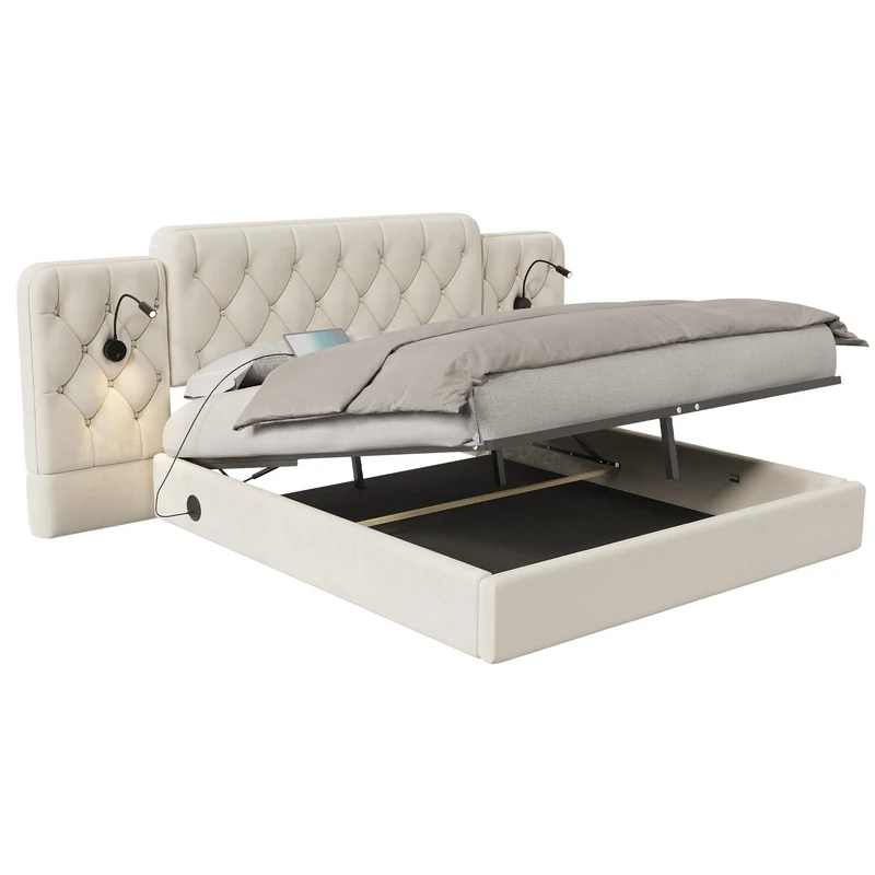 Lit coffre queen en velours beige grand tête de lit, porte USB et 2 lampes 160x200 cm VERTEXKRYNNATH