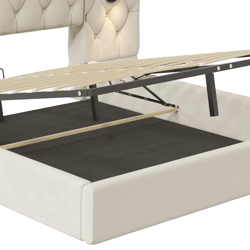 Lit coffre queen en velours beige grand tête de lit, porte USB et 2 lampes 160x200 cm VERTEXKRYNNATH