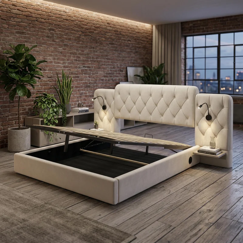 Lit coffre queen en velours beige grand tête de lit, porte USB et 2 lampes 160x200 cm VERTEXKRYNNATH