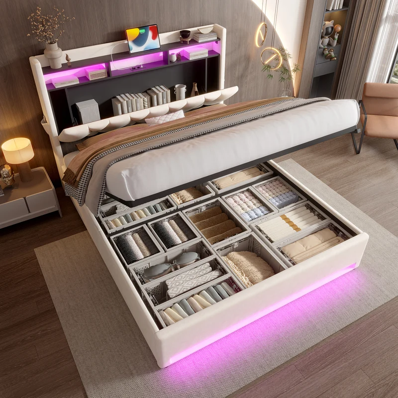 Lit coffre double velours beige avec éclairage LED, rangement et USB Type-C 160x200cm VERTEXZORATHYN