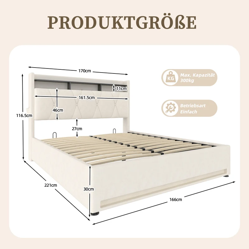 Lit coffre double velours beige avec éclairage LED, rangement et USB Type-C 160x200cm VERTEXZORATHYN