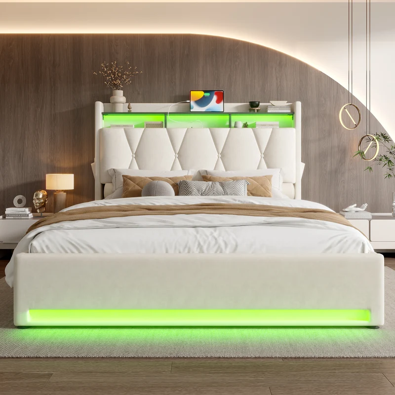 Lit coffre double velours beige avec éclairage LED, rangement et USB Type-C 160x200cm VERTEXZORATHYN