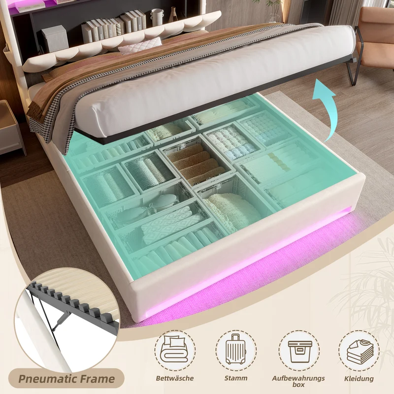 Lit coffre double velours beige avec éclairage LED, rangement et USB Type-C 160x200cm VERTEXZORATHYN
