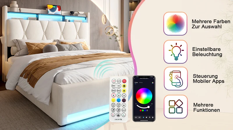 Lit coffre double velours beige avec éclairage LED, rangement et USB Type-C 160x200cm VERTEXZORATHYN