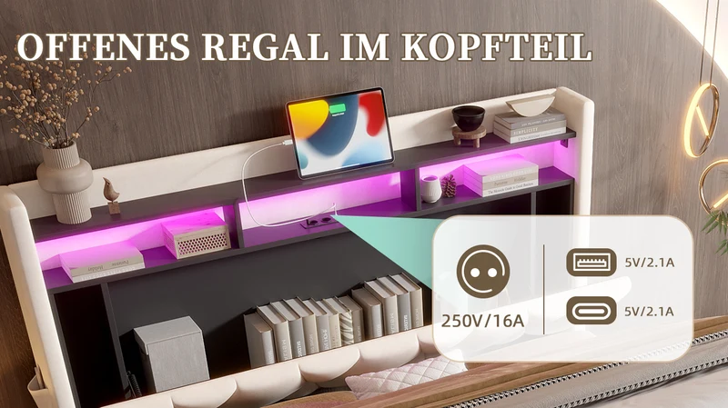 Lit coffre double velours beige avec éclairage LED, rangement et USB Type-C 160x200cm VERTEXZORATHYN