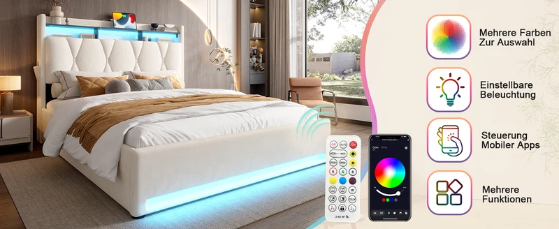 Lit coffre double velours beige avec éclairage LED, rangement et USB Type-C 160x200cm VERTEXZORATHYN