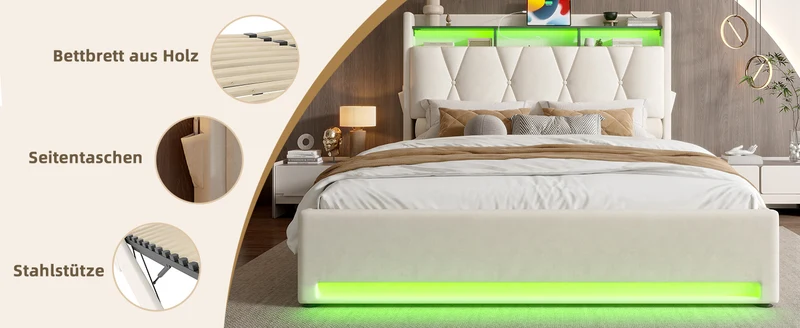 Lit coffre double velours beige avec éclairage LED, rangement et USB Type-C 160x200cm VERTEXZORATHYN